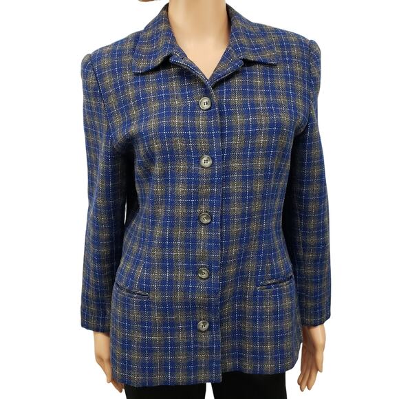 Vintage Joan Leslie Wool Blazer Jacket Blue Gray Plaid Lined Petite 12P / M - Picture 1 of 11